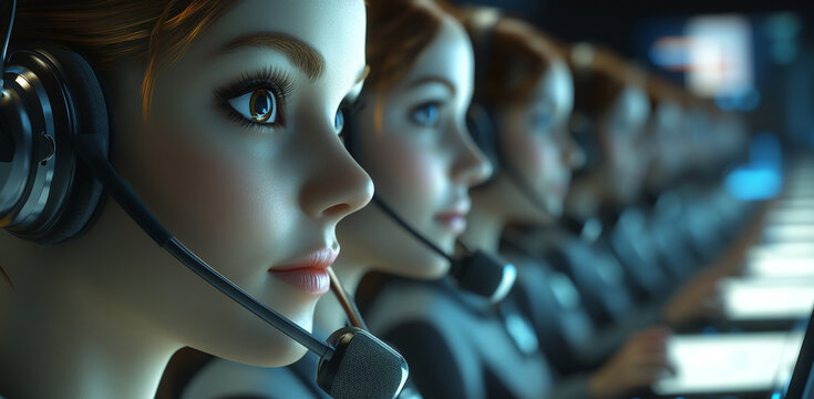 Close-up of an AI call center with many virtual female customer service agents wearing headsets,