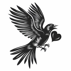 Fototapeta premium Black Silhouette of a Bird with Heart in Its Beak Flying Upward