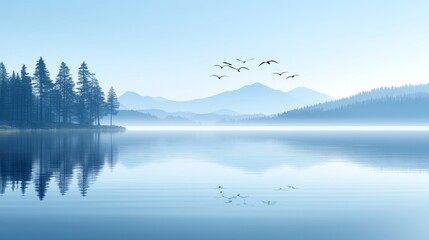 Fototapeta premium Tranquil dawn over misty lake waters reflections of mountains serene scenery nature beauty ethereal landscape peaceful reflection