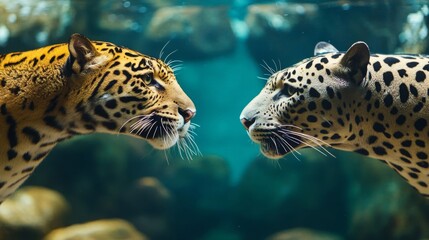 Obraz premium Two Jaguars Face Off Underwater in Teal Water