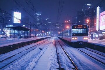 Fototapeta premium Snowy train station at night in Japan