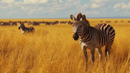 Naklejka premium Striped Zebras in Golden African Savanna Grassland