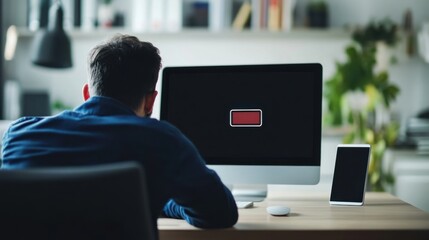 Worried user in an office, staring at a computer screen with a low battery warning. Featuring urgency and stress