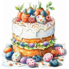 Colorful Easter Cake with Fruits and Decorative Eggs for Celebration