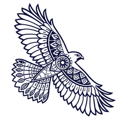 Obraz premium Detailed Tribal Hawk Tattoo Design: Intricate Flying Bird Illustration, Ornate Line Art, Native American Inspired, Vector Graphic