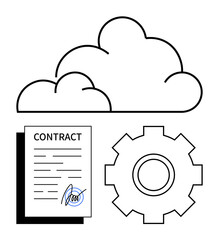 Cloud icon over a signed contract and gearwheel representing digital agreements, cloud storage, and automation. Ideal for technology, business, workflow, cloud services, efficiency, innovation