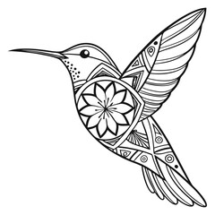 Hummingbird Coloring Page: Intricate Mandala Design, Detailed Bird Illustration, Printable Art, Black and White Line Art for Relaxation and Creativity