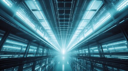 Obraz premium A surreal perspective of a futuristic data center illuminated by bright blue LED lights, creating an infinite corridor effect.