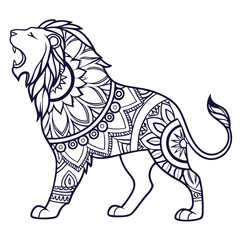 Naklejka premium Intricate Lion Mandala Illustration: Detailed Animal Coloring Page Design for Adults, Line Art, Roaring Lion, Zentangle Style, Vector Graphic