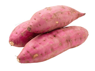 Three sweet potatoes with pinkish purple skin and small root scars are arranged in a pile