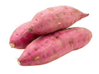 Three sweet potatoes with pinkish purple skin and small root scars are arranged in a pile