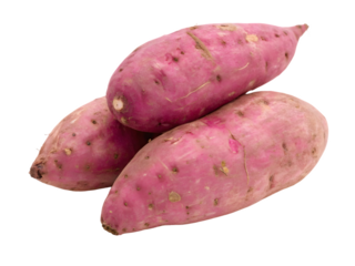 Three sweet potatoes with pinkish purple skin and small root scars are arranged in a pile