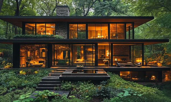 Modern glass house surrounded by lush greenery, illuminated warmly at dusk, with outdoor seating