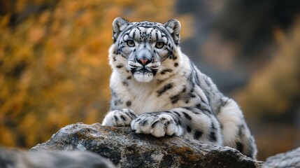 Snow Leopard on Rocky Mountainside in Autumn