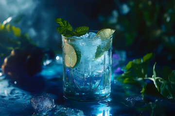 Refreshing Mojito Cocktail with Lime and Mint in a Glass on Blue Background with Ice Cubes