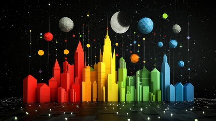 Voxelated cosmic cityscape dazzling hues astral bodies and luminous reflections evokes innovative technology and metaverse concept