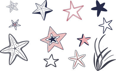 Abstract hand drawn star shapes doodle set.