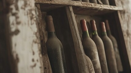 Dusty wine bottles in old wooden cellar rack
