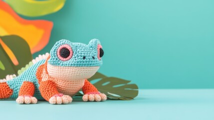 Colorful Crochet Lizard Toy on Bright Tropical Background