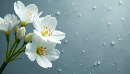 Delicate white flowers, water droplets, gray backdrop, floral design, high resolution, image