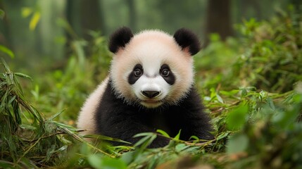 Fototapeta premium Adorable Panda Cub Amidst Lush Green Bamboo