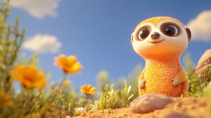 Cute cartoon meerkat character in a colorful flower field landscape