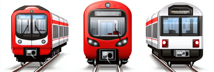 A red electric train vector illustration unique icon set at a busy city railway station