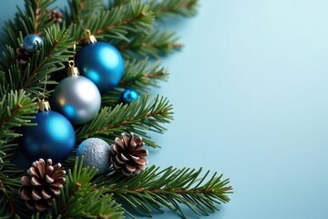 Pine branch Christmas wreath with blue and silver ornaments and pinecones, ornament, pinecone