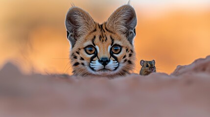 Obraz premium Serval kitten and mouse sunset savanna