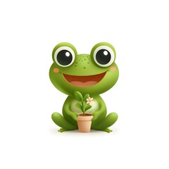 Fototapeta premium a charming cartoon frog with a flower pot, radiating joy and warmth
