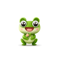 Fototapeta premium a cute cartoon frog happily holding a flower and smiling 
