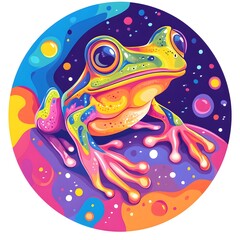 a colorful psychedelic frog with a vibrant design. The frog is set against a space-themed background, full of stars and swirling colors