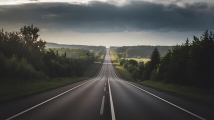 Pixel art showing an empty highway flanked by trees, a serene scene