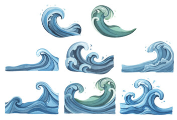 Set of Water wave watercolor flat summer minimal sea ocean abstract art