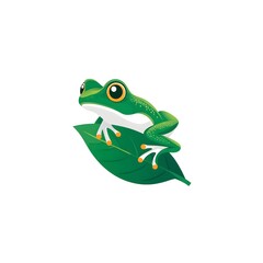 Fototapeta premium a green frog perched on a vibrant green leaf, its eyes wide and alert. The illustration captures the essence of nature's charm