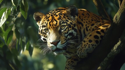 Obraz premium Jaguar Resting on Tree Branch in Lush Rainforest