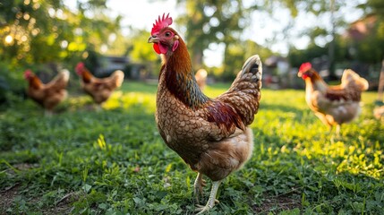 Brown Hen in Green Grass with Other Chickens