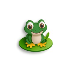Fototapeta premium a cute green frog sitting on a lily pad with a happy expression and a leaf. The illustration exudes a playful and cheerful vibe