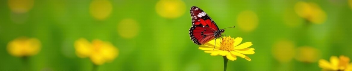 Obraz premium Painted lady butterfly feeding on yellow wildflowers, lush green meadow , nature, flora