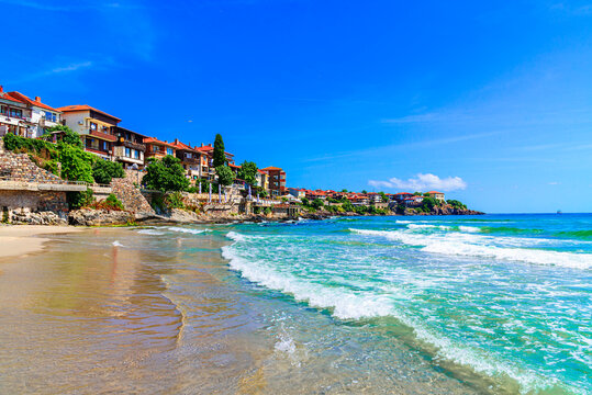 Sozopol, Burgas Province, Bulgaria: Beautiful view of the old town with southern fortress walls and tower on Black Sea coastline, medieval Apollonia. Summer destination