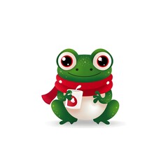 Obraz premium a cute cartoon frog with big red eyes and a red scarf, holding a cup