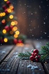 Rustic wooden background, Christmas lights bokeh, snowy effect, snow, blur, christmas