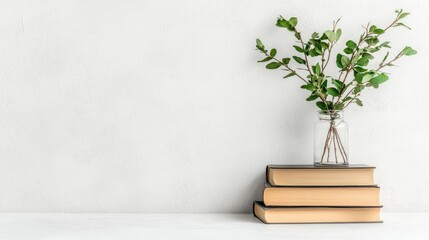 Books and plants on a white surface