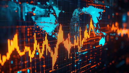 Digital illustration of a stock market graph with orange candle stick pattern, with a blue world map background, global economy