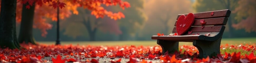 Crimson leaves swirl around heart bench; park scene , fall, image, park