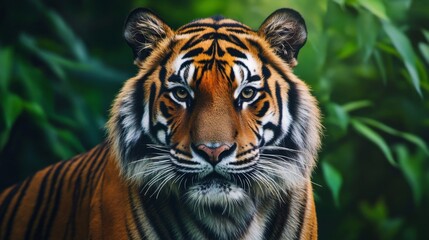Fototapeta premium Close Up Portrait of a Majestic Tiger in Lush Green Jungle