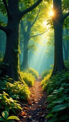 Sun-dappled path, ancient trees, mystical forest , mystical, enchanting, way