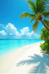 Vibrant turquoise sea, dazzling blue sky over Funadhoo's pristine beach , landscape, Funadhoo beach, turquoise