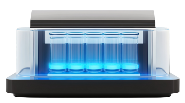 Laboratory Equipment: A sterile and futuristic laboratory setup with a row of transparent vials illuminated by an ethereal blue glow, ready for scientific analysis and experimentation.