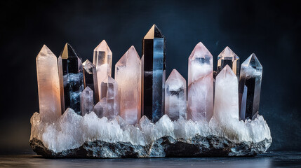 A captivating arrangement of obsidian and rose quartz crystal pillars, artistically sculpted with precision, resting on a rugged mineral base